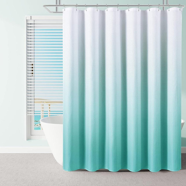 Aqua Blue Bath Curtain Set, Polyester Ombre Shower Curtains for Bathroom, Water Repellent Textured Fabric Bath Shower Curtain with 12 Hooks,Machine Washable (72 x 72 inch, Aqua)