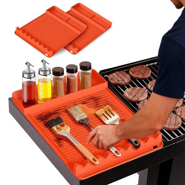 WZGUSXN 2Pack Silicone Grill Mat for Blackstone - 16x11.5 Inch Non-Slip Tool Mat with Sauce Drip Pad & Wavy Grip, Outdoor BBQ Accessories & Gifts for Men, Dad, Grilling（Orange）