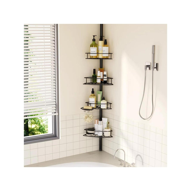 YEERSWAG Adjustable Stainless Steel Corner Shower Caddy Tension Pole with 4 Shelves, Fits 30.7"–118"