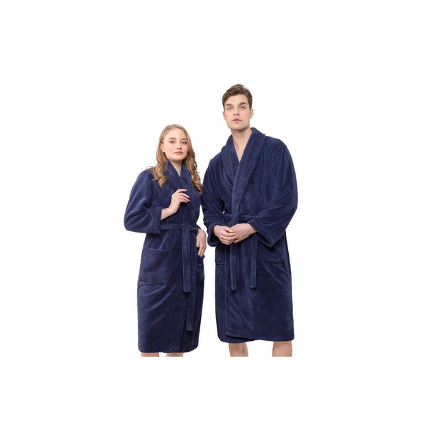 American Soft Linen Warm Fleece Bathrobe, Mens and Womens Adult Robes for your Bathroom, Shawl Collar Robes, Large, Navy Blue