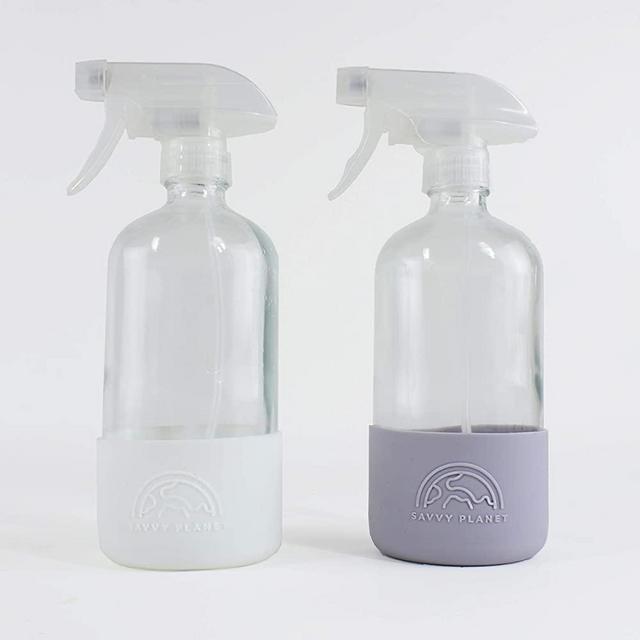 SAVVY PLANET Empty Clear Glass Spray Bottles with Silicone Sleeve Protection - Refillable 16 oz Containers for Cleaning Products, Essential Oils, Misting Plants - Quality Sprayer - 2 Pack