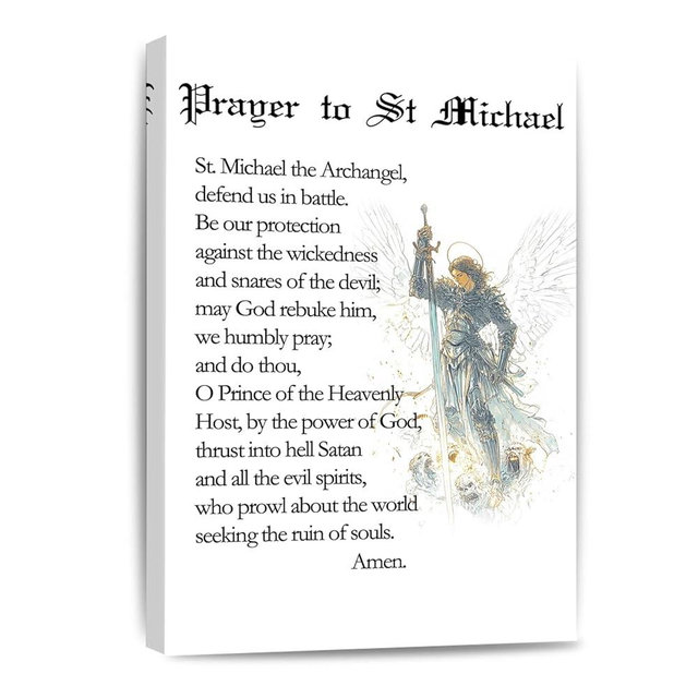 Prayer to St Michael the Archangel Christian Canvas Wall Art Print Catholic Gifts Saint michael Poster Farmhouse Painting for Home Office Motivational Decor Framed 12 * 18 Inch