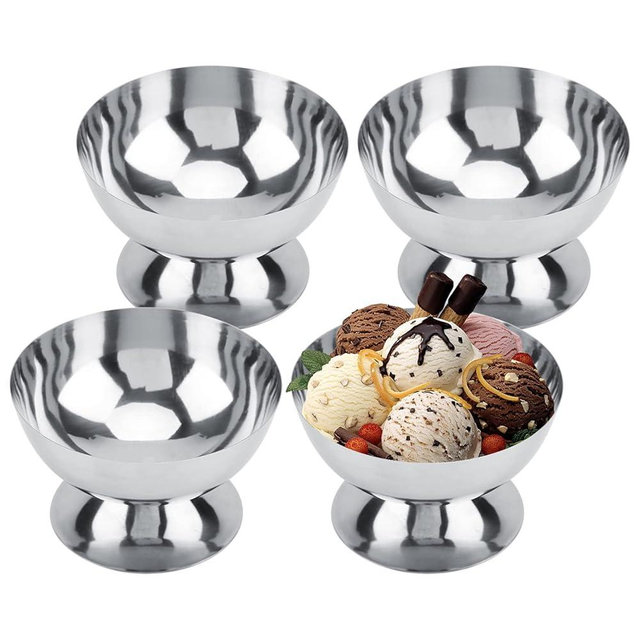 Hapivida Ice Cream Cup, 4Pcs Stainless Steel Serving Dessert Bowls Cups Sauce Bowls Mini Round Footed Yogurt Snack Candy Cups for Salad Fruit Pudding Christmas