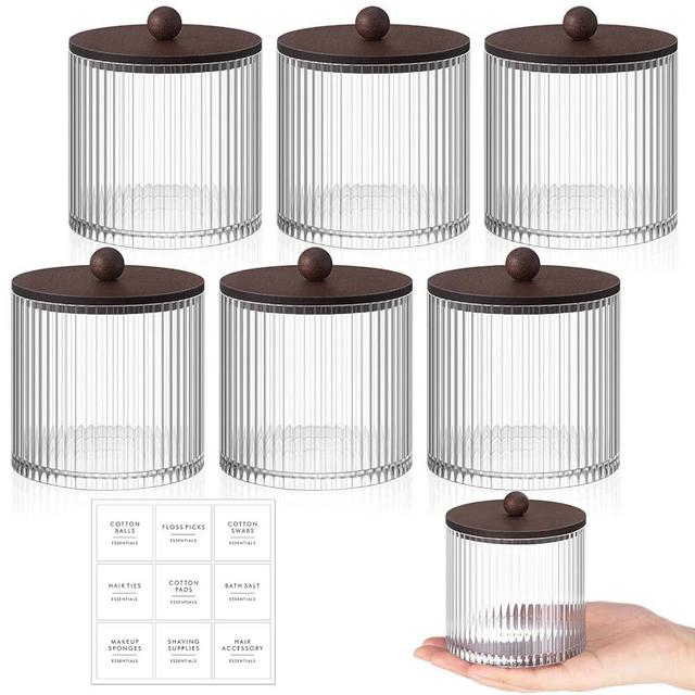 Yaomiao 6 Pcs Ribbed Bathroom Canisters Apothecary Jars with Brown Bamboo Lids and Label Stickers, 18 oz Plastic Canister with Fluted Design for Cotton Ball, Swab, Floss Picks House Storage