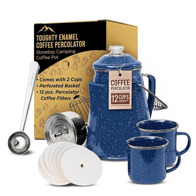 Toughty Enamel Coffee Percolator – 12-Cup Stovetop Camping Coffee Pot for Open Fire, Grill, or Gas Stove – Durable, Old-Fashioned Percolator with 2 Enamel Mugs for Outdoor Brewing - Blue