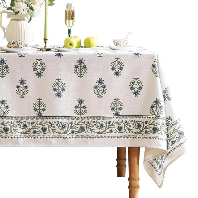 ISAENNE Designer White Linen Small Rectangular Tablecloth,Chinoiserie Floral Elegant Indoor Table Cloth,Fall Stain Proof Decor Tablecloths for Dining Thanksgiving Kitchen,55"*71"-Mosella F