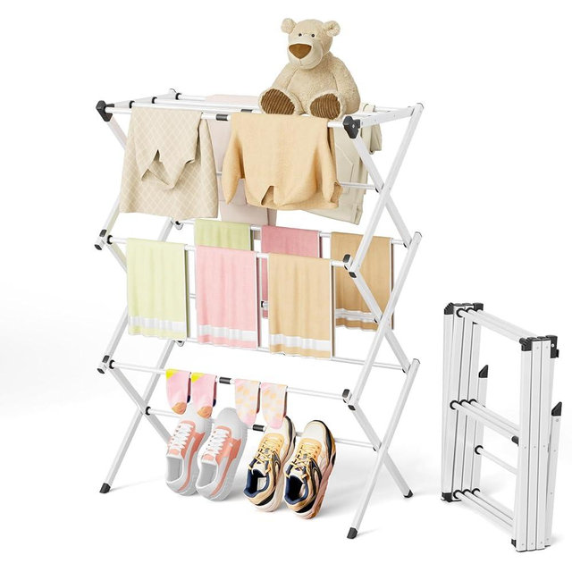 BAKON Foldable Clothes Drying Rack,Space-Saving Expandable & Portable Drying Rack for Clothes,Sturdy Metal Clothes Dryer Rack for Indoor & Outdoor,Laundry Room,Dorm Room,Apartments