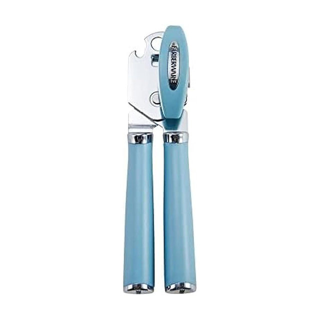 Farberware Professional Retro Heavy Duty Stainless Steel Smooth Edge Manual Hand Held Can Opener With Soft Touch Handle, Rust Proof Oversized Handheld Easy Turn Knob Blue