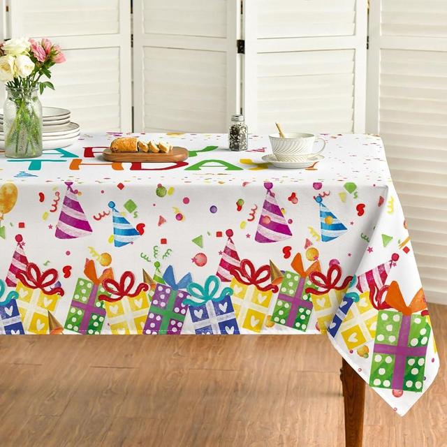 Horaldaily Birthday Tablecloth 60x120 Inch Rectangular, Happy Birthday Ballon White Washable Seasonal Table Cover for Party Picnic Dinner Decor