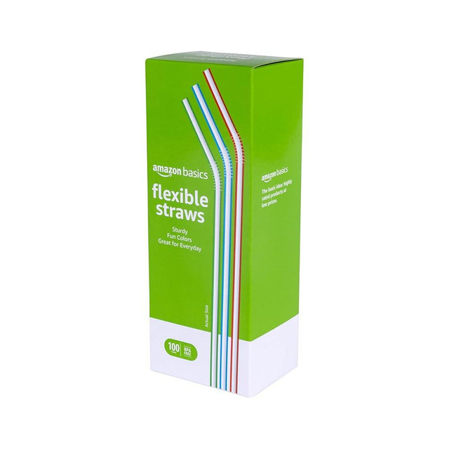 Amazon Basics Disposable Striped Plastic Flex Straws, BPA Free, Food-Safe, 7.5" Long, Assorted Colors, 100 Count