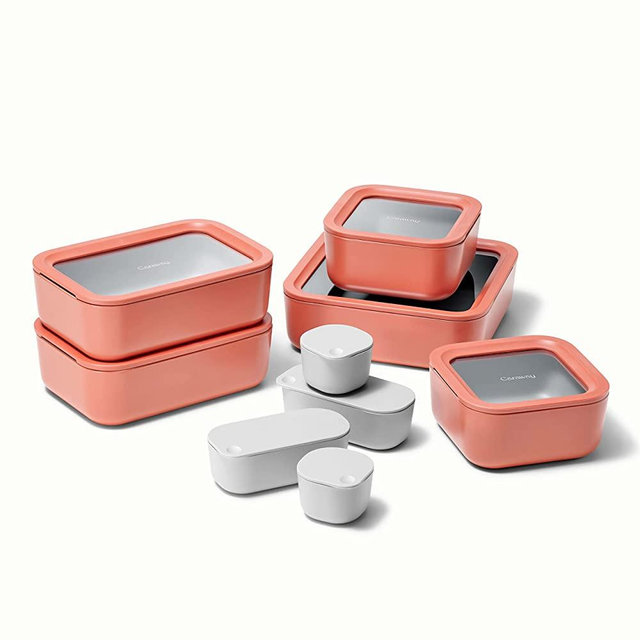 Caraway Glass Food Storage Set, 14 Pieces - Ceramic Coated Food Containers - Easy to Store, Non Toxic Lunch Box Containers with Glass Lids - Includes Storage Organizer & Dot & Dash Inserts - Perracotta