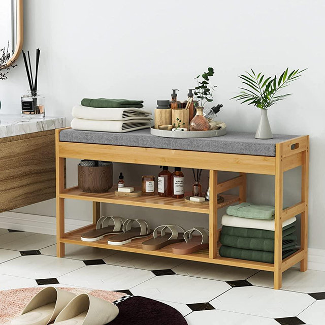 HIFIT Bamboo Shoe Bench Rack with Storage, Entryway Storage Bench with Padded Seat, Shoe Oiganizer Shelf for Entryway Mudroom Bathroom, Natural