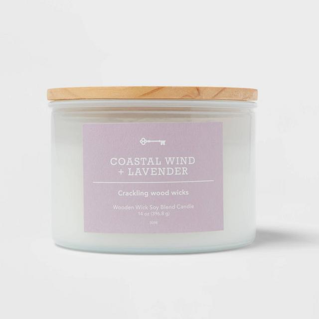 14oz 3-Wicks Milky White Glass Woodwick Candle with Wood Lid and Stamped Logo Coastal Wind and Lavender - Threshold™