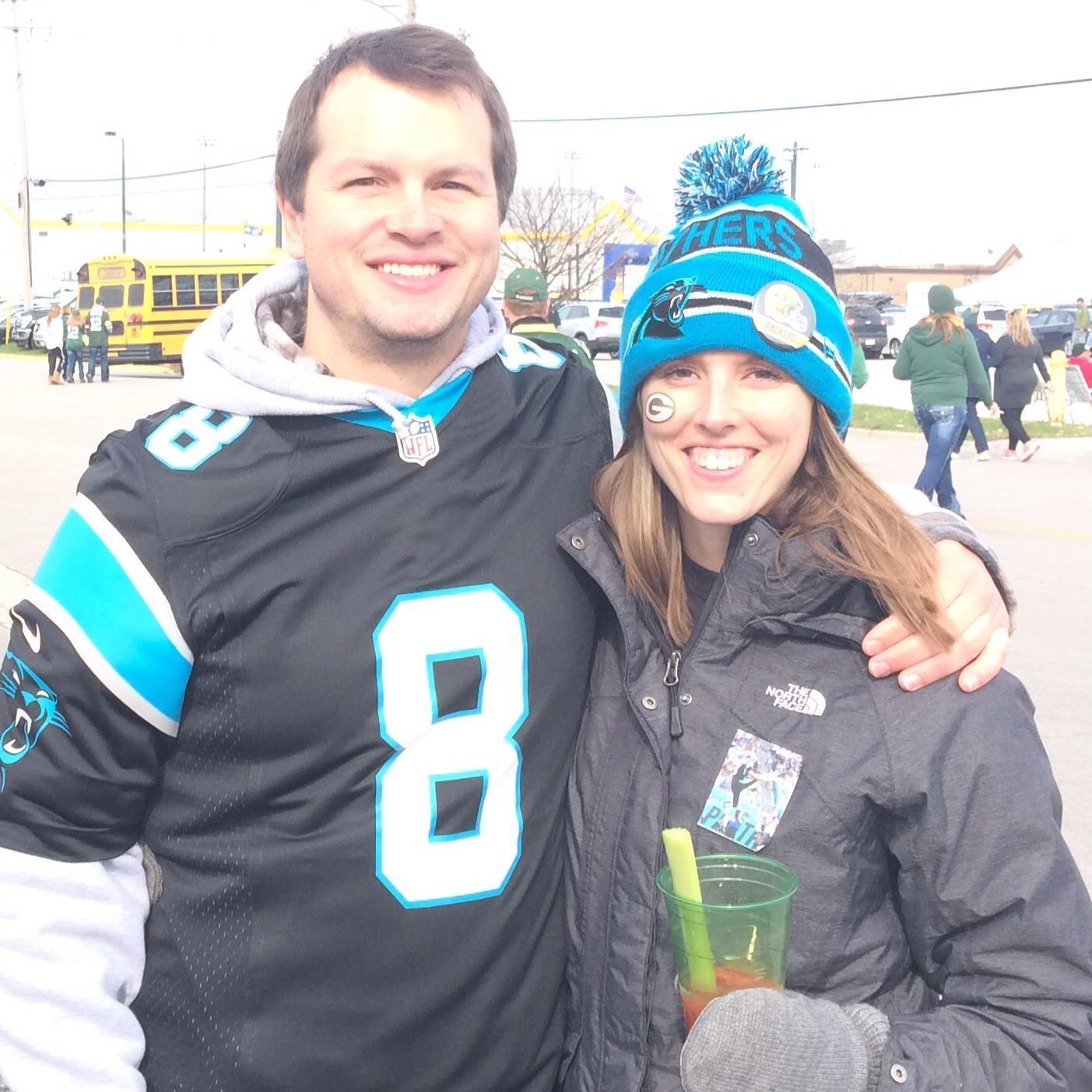 Many FB allegiances- cheering for cousin Brad and the Panthers at Lambeau