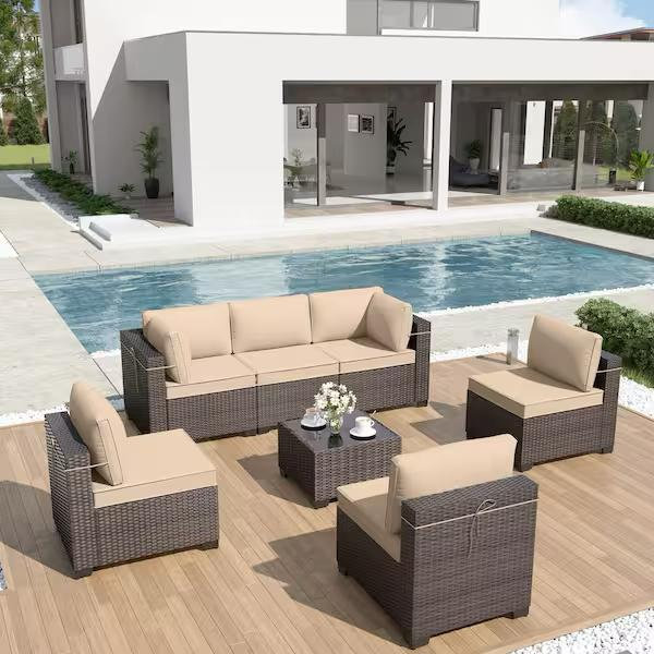 Halmuz 7-Piece Wicker Outdoor Sectional Set with Cushion Sand 7PS-Sand