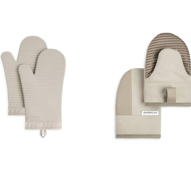 KitchenAid Ribbed Soft Silicone Oven Mitt Set, 7"x13", Milkshake 2 Count & Beacon Two-Tone Non-Slip Mini Oven Mitt Set, Milkshake/Beige, 5.5"x8", 2 Piece