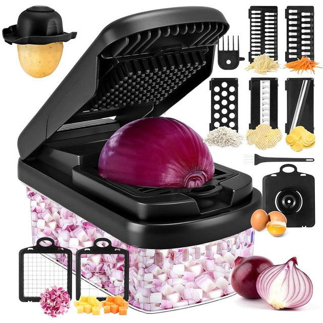 Vegetable Chopper,12-in-1 Multifunctional Food Chopper,Professional Onion Chopper with 7 Blades,Vegetable Cutter with Container for Salad,Potato,Carrot,and Garlic Essential Kitchen Tool (Black)