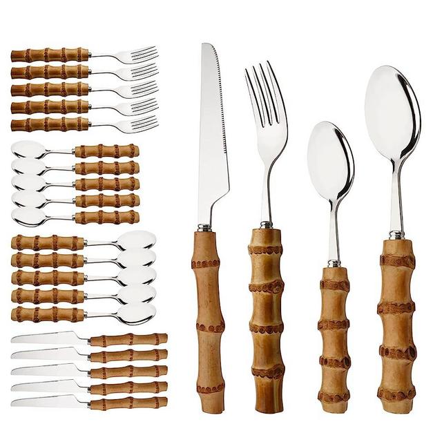 Uniturcky Bamboo Silverware Ser, 24-Piece Natural Bamboo Flatware Cutlery Set for 6, Stainless Steel Silver Head with Bamboo Handle, Include knife Fork Spoon Utensil for Daily Use and Party, Reusable