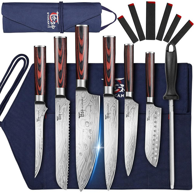 SYOKAMI 14pcs Chef Knife Set with Roll Bag, Professional Stainless Steel Japanese Knife Set with Pakkawood Handle for Professional Chef, Camping, Travel, BBQ, RV or Gift