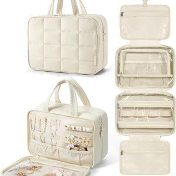 BAGSMART Travel Toiletry Bag with Jewelry Organizer, Hanging Travel Bag for Toiletries, Puffy Makeup Cosmetic Bag Organizer, Carry-on Travel Accessories Essentials, Pink-L