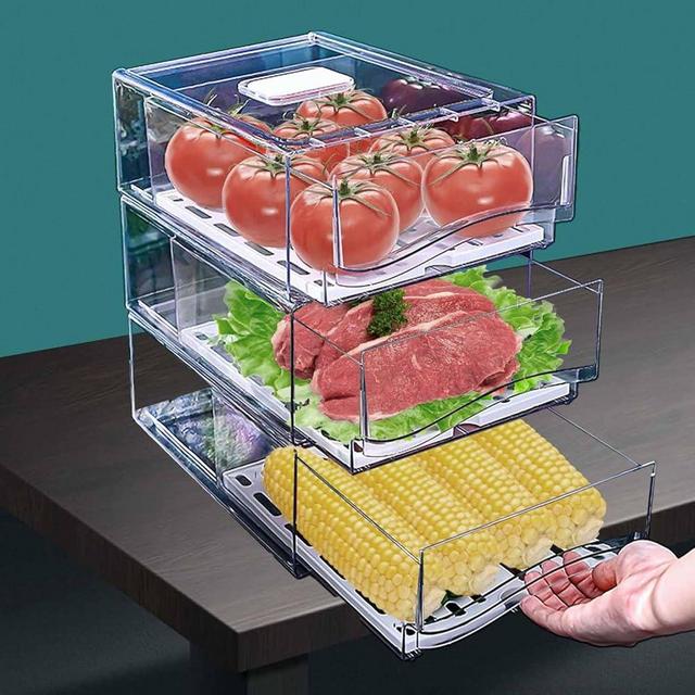 bealy 2 Pack Refrigerator Organizers and Storage with Drain Board, Stackable Fridge Organizer Clear Storage Containers for Produce Fruit Food, Drinks, Meat,Vegetable Storage（2 Drawers, Large