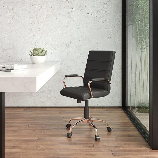 Flash Furniture Mid-Back Desk Chair - Black LeatherSoft Executive Swivel Office Chair with Rose Gold Frame - Swivel Arm Chair