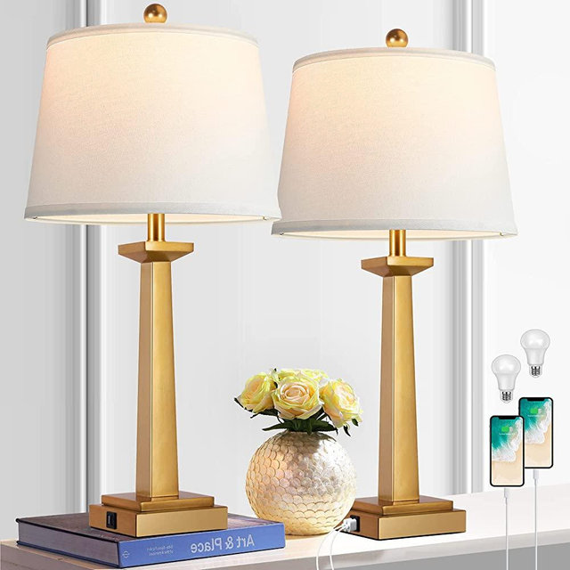ROTTOGOON 29" Gold Table Lamps for Living Room Set of 2, 3-Color Temperature Nightstand Modern Table Lamps with Dual USB Charging Ports, Resin Brass Tall Table Lamp for Bedrooms (LED Bulbs Included)