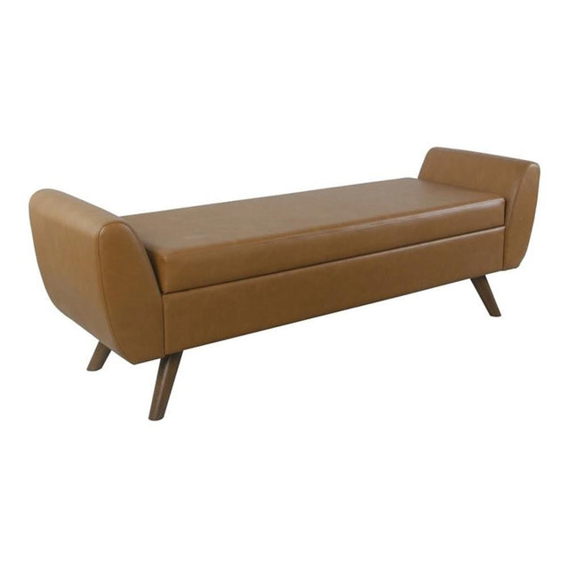 HomePop Modern Storage Bench with Wood Legs Home Décor|Bench with Storage for Living Room & Bedroom - Faux Leather Brown