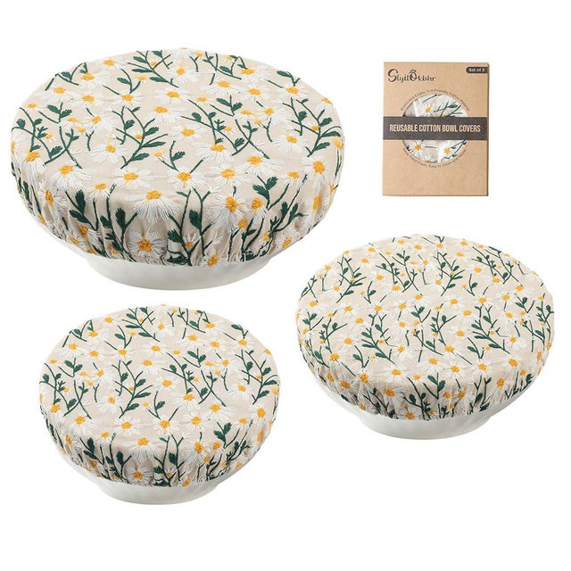 Reusable Bowl Covers for Bread Proofing Baking Embroidered Daisy Linen Cotton Cloth Fabric Washable with Elastic Cover for Food Fruit Salad Eco-friendly (Beige Daisy Field)