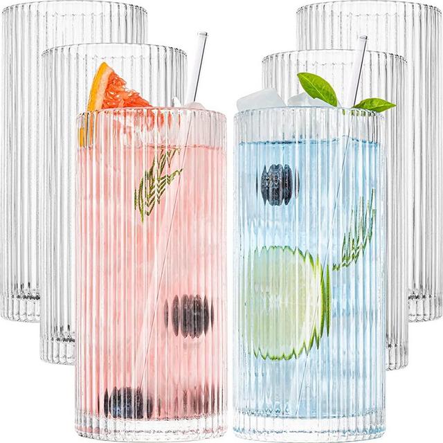 Drinking Glasses, Claplante Origami Style 6 pcs Glass Cups with straw, 12oz Highball Glasses, Elegant Ripple Vintage Glassware, Ribbed Glasses, Iced Coffee Glasses Ideal for Cocktail Whiskey, Juice