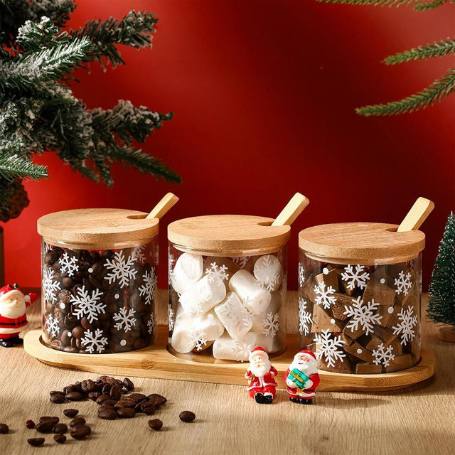 Mimorou 3 Pcs 10 oz Winter Snowflake Glass Jars with Lids and Spoons Candy Condiment Container Bowls with Base for Christmas Goodie Sugar Cookies Treat Storage Hot Cocoa Bar Supplies and Accessories