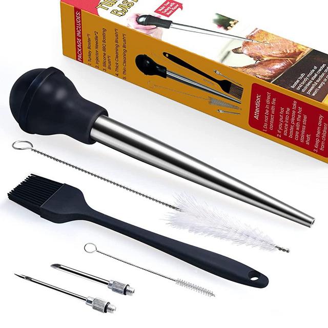 MEWMET Turkey Baster, Stainless Steel Baster for Cooking with Marinade Injectors Syringe, Basting Brush, Thick Cleaning Brush & Thin Cleaning Brush