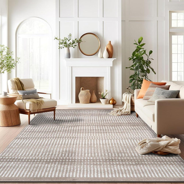 Rugshop Contemporary Stripe Lines High Traffic Living Room,Bedroom,Kitchen, Home Office High Traffic Living Room,Bedroom,Kitchen, Home Office Area Rug 7'10" x 10' Beige