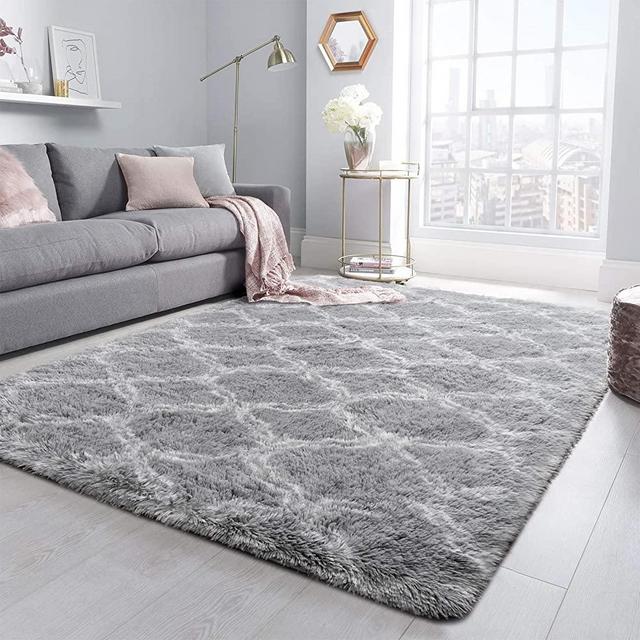 Ompaa Ultra Fluffy Area Rugs for Living Room Bedroom, 4' X 6' Kids Rooms Grey Shag Geometric Rug, Dorm Nursery Indoor Fuzzy Accent Carpet