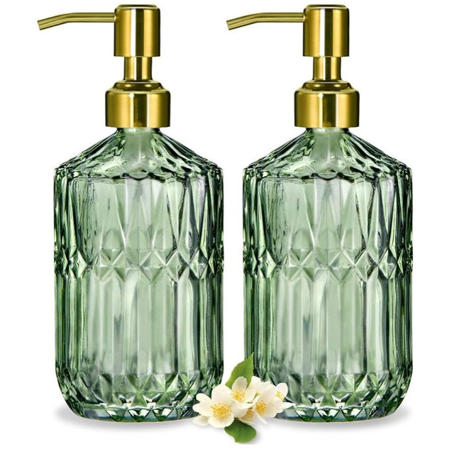 17 Oz Green Glass Kitchen Soap Dispenser for Dish Soap, 2 Pack Bathroom Soap Dispenser Set with Gold Rust Proof Pump for Lotion, Hand soap or Body Wash