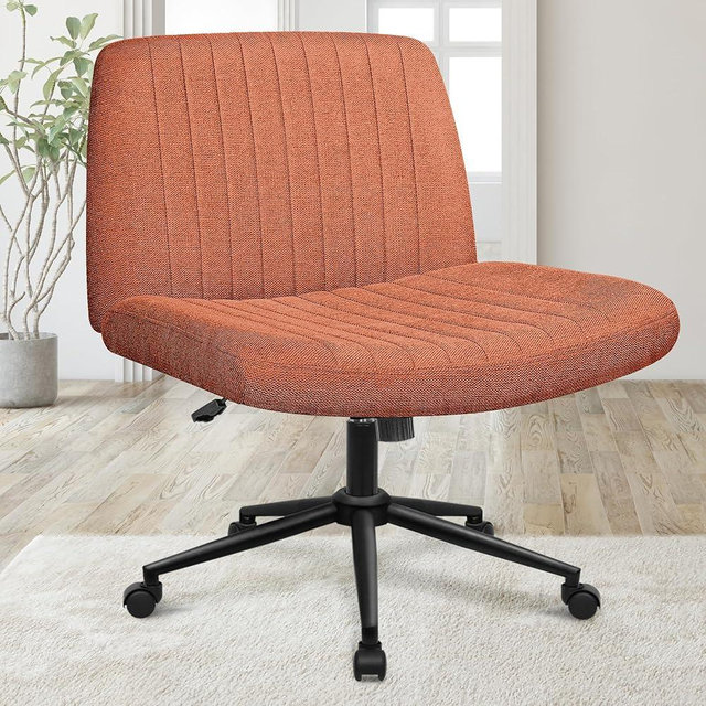 Orange Factory Criss Cross Chair with Wheels, Armless Cross Legged Office Desk Chair, Wide Comfy Vanity Rolling Swivel Modern Comfortable Fabric Computer Task Chairs for Home Office (Brown)