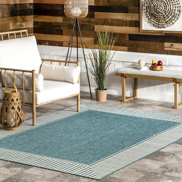 nuLOOM Asha Simple Border Indoor/Outdoor Area Rug - 5x8 Indoor/Outdoor Area Rug Casual Teal/Ivory Rugs for Living Room Patio Deck Front Porch Kitchen