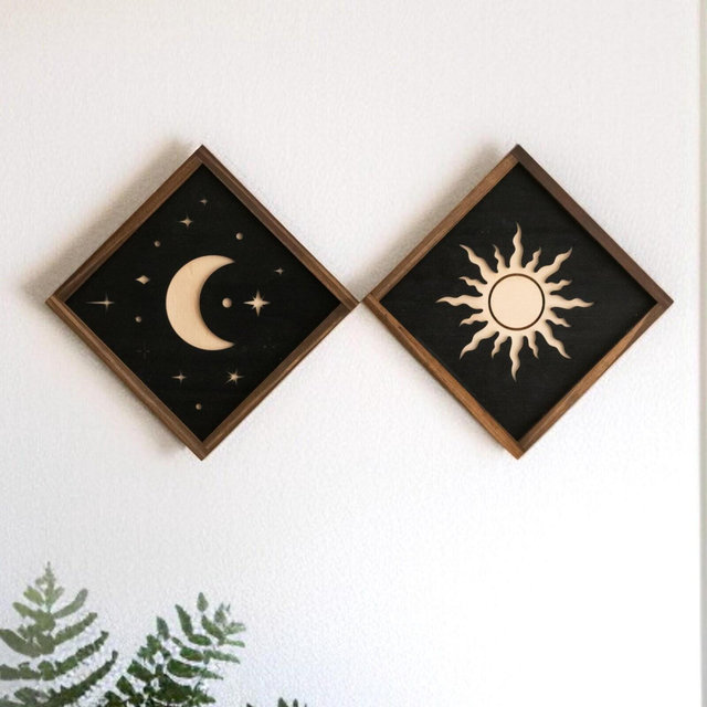 Sun and Moon Wooden Wall Art For Celestial Boho Home Decor Accent Y55