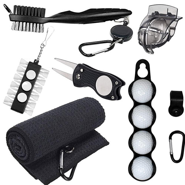 RE Goods Golf Accessories 6 in 1 Value Pack - Towel, Ball Holder, Golf Club Brush w/Groove Cleaner, Divot Repair Tool, Ball Stencil, Tee Holder, Putting Markers | Gift Set (Golf Balls Not Included)