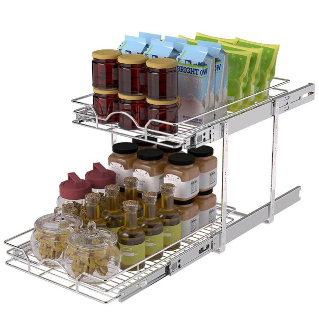 OCG 2 Tier Pull Out Cabinet Organizer (12.5" W x 18" D), Pull Out Drawers for Kitchen Cabinets, Pull Out Shelves for Base Cabinet Organization in Kitchen Bathroom Pantry, Chrome Finish