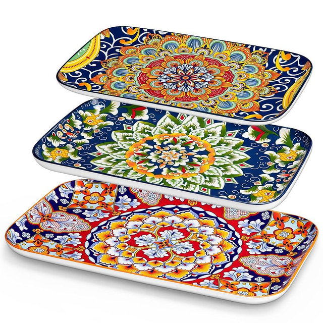 vancasso Serving Platters Set of 3, 16"/14"/12" Inch Rectangular Trays - Serving Platter Extra Large, Bohemian Ceramic Serving Dish for Entertaining Food, Microwave & Dishwasher Safe, Colorful