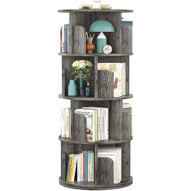Aheaplus Rotating Bookshelf, 360 Display Corner Bookshelf for Small Space, 4 Tier Floor Standing Bookcase Storage Rack, Wood Narrow Book Shelf Organizer for Bedroom, Living Room, Study Room, Grey Oak