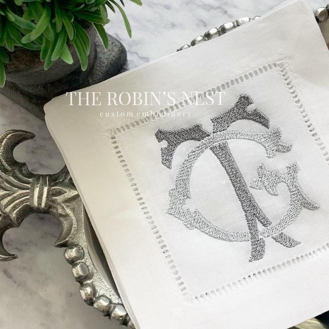 Double Monogrammed Linen Cocktail Napkins Embroidered