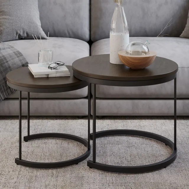Nesting Coffee Table Set – Set of 2 Small Round Tables Nest Together for Saving Space – Modern Industrial Living Room Tables by Lavish Home