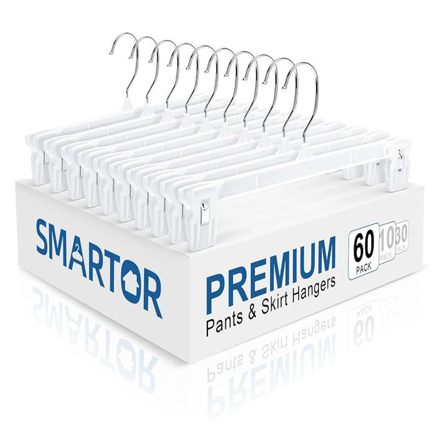 Smartor Skirt Hangers|Pants Hangers with Clips 60 Pack | Space Saving| Durable| Durable Clips| Pant Hanger for Men| White Hanger Clips for Women Shorts, Jeans, Slacks