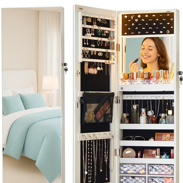 LUXFURNI LED Lights Mirror Jewelry Cabinet Wall Mounted or Door-Hanging, 42" Full Length Mirror with Storage, Built-in Makeup Mirror, Lockable Jewelry Mirror Organizer, White