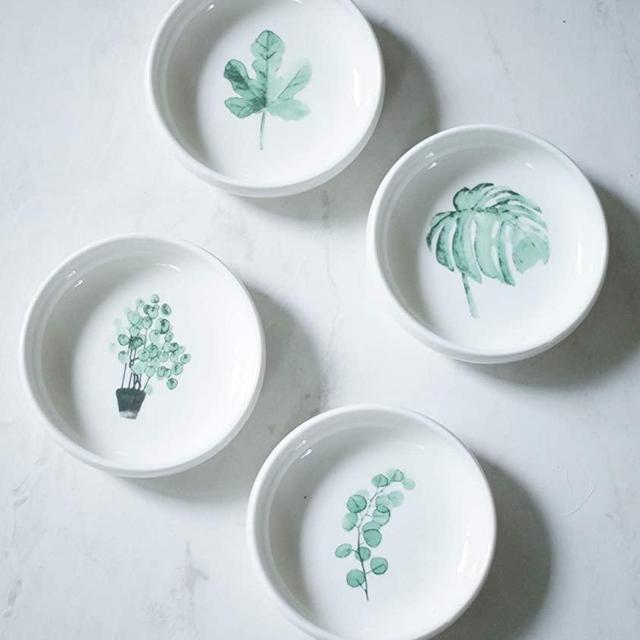 Set of 4 Modern Plant Design White Ceramic Dish | Jewelry Trinket Ring Candy Glass Salt Sushi Nesting Circle Round Bowl Tray | Perfect Gift Favor Decorative Decor | Mom Bridesmaid Friend