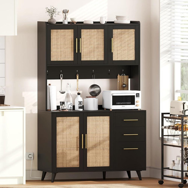 Rovaurx 70.9" Kitchen Pantry Cabinet with Microwave Shelf, Rattan Freestanding Storage Cabinet with Charging Station, Sideboard Buffet Cabinet with Drawers and Doors, Black and Natural KBG002BME