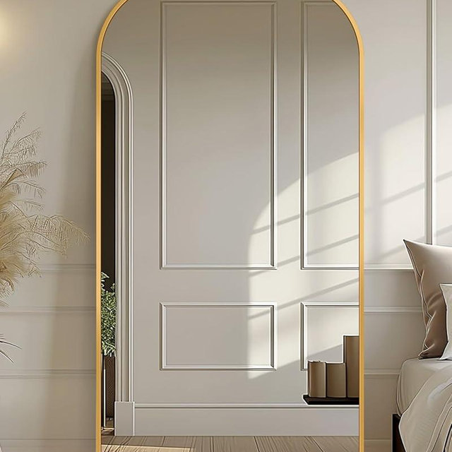 Arched Full Length Mirror, 71"x28" Floor Mirror Freestanding with Carved Metal Frame & Bottom Art Carved, Full Body Mirror for HomeDecor, Standing/Halling Large Wall Mirror for Bedroom, Gold