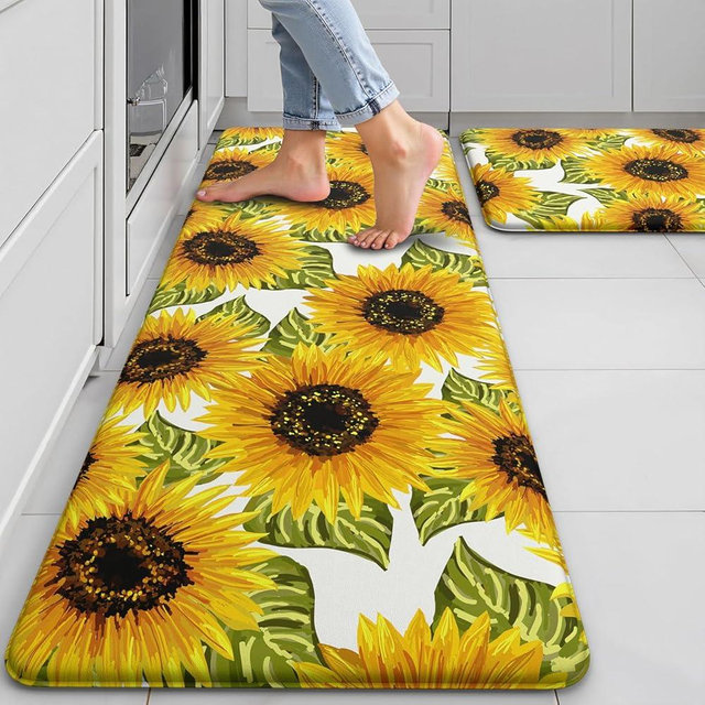 FYATHM Sunflower Kitchen Mats for Floor Set of 2 - Anti Fatigue Mats for Kitchen Floor, Cushioned Non-Skid Washable Memory Foam Rug for Office, Sink, Laundry (17.3"×29"+17.3"×47"-0.47")